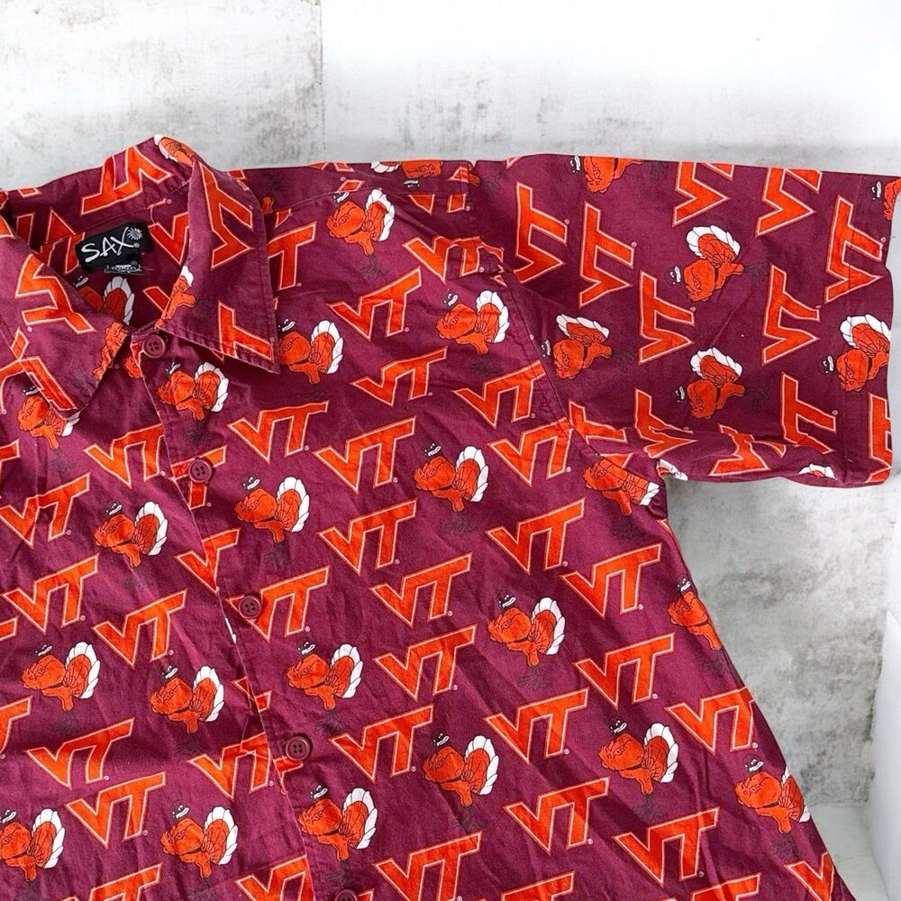 Vintage Virginia Tech Hokies Shirt Men Large Hawaiian Button Up AOP 100% Cotton